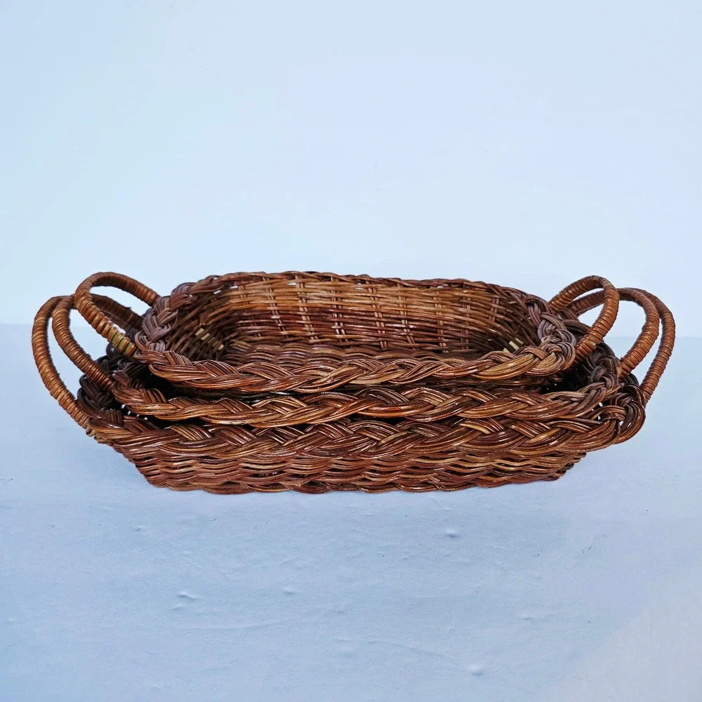 Vintage Nesting Wicker Baskets Set of 3 Braided Rim Rectangular Trays Boho Decor
